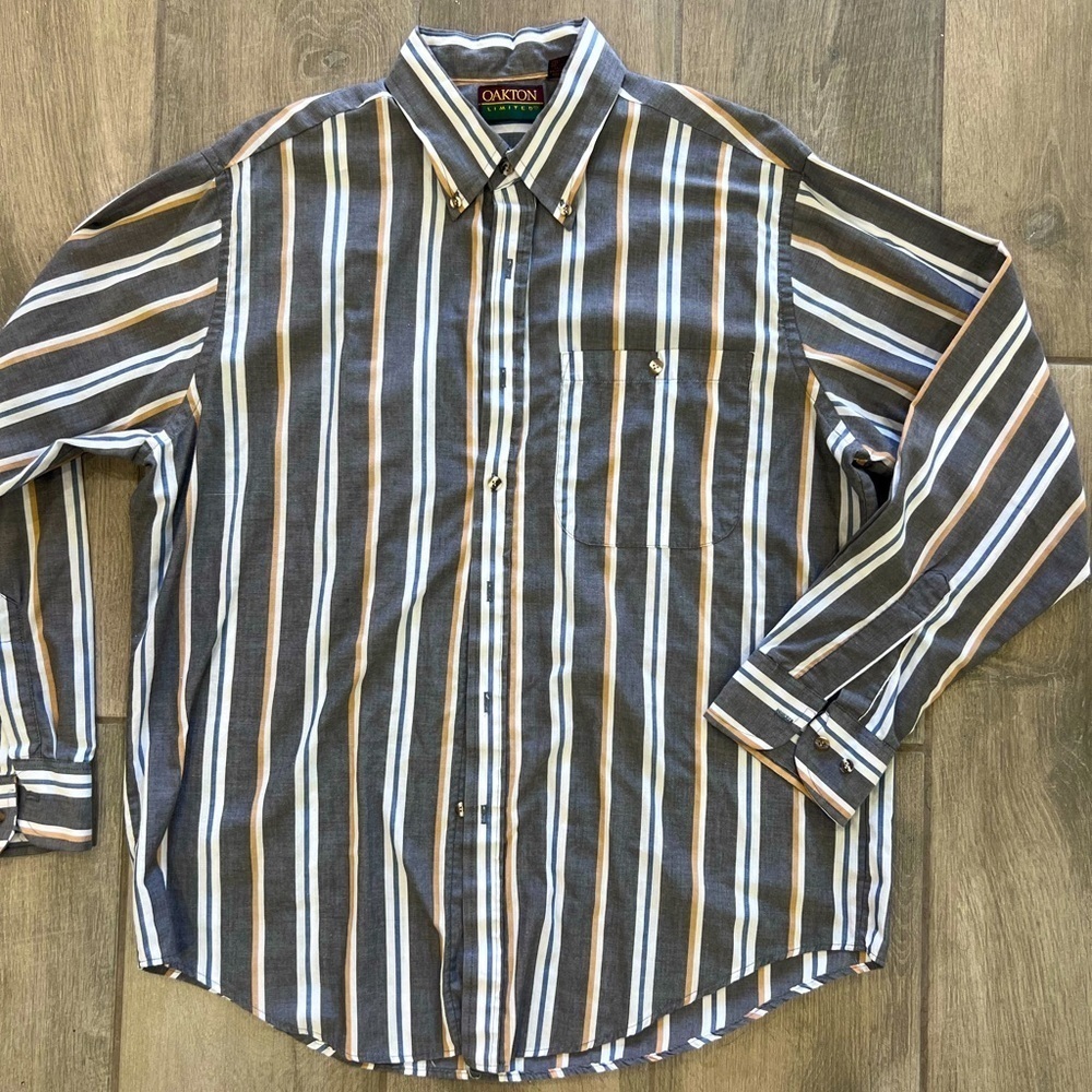 Oakton Shirt Men's Size L Gray Yellow White Striped Button Up Cotton Vintage